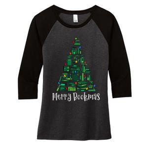 Retro Merry Bookmas Book Tree Christmas Holiday Book Lovers Women's Tri-Blend 3/4-Sleeve Raglan Shirt