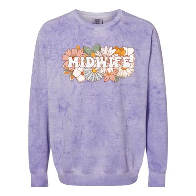 Retro Midwife Boho Flowers Labor And Delivery Nurse Colorblast Crewneck Sweatshirt