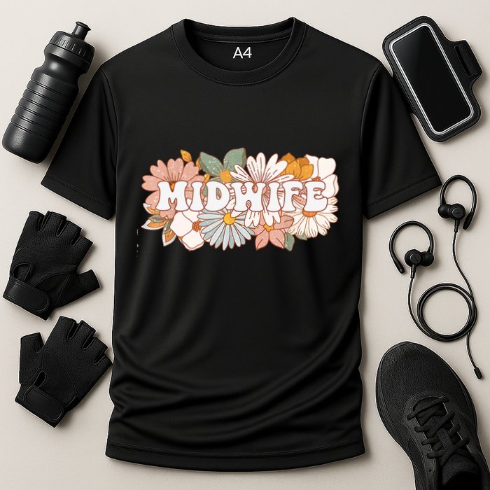 Retro Midwife Boho Flowers Labor And Delivery Nurse Cooling Performance Crew T-Shirt