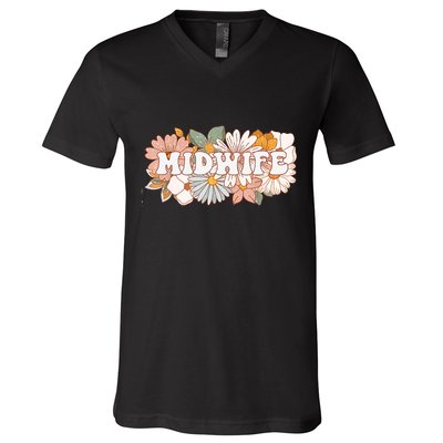 Retro Midwife Boho Flowers Labor And Delivery Nurse V-Neck T-Shirt