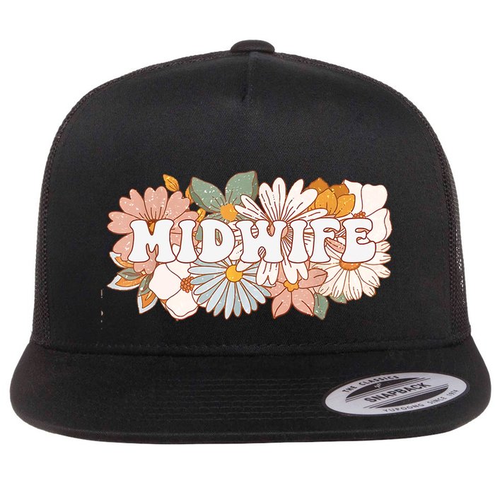 Retro Midwife Boho Flowers Labor And Delivery Nurse Flat Bill Trucker Hat
