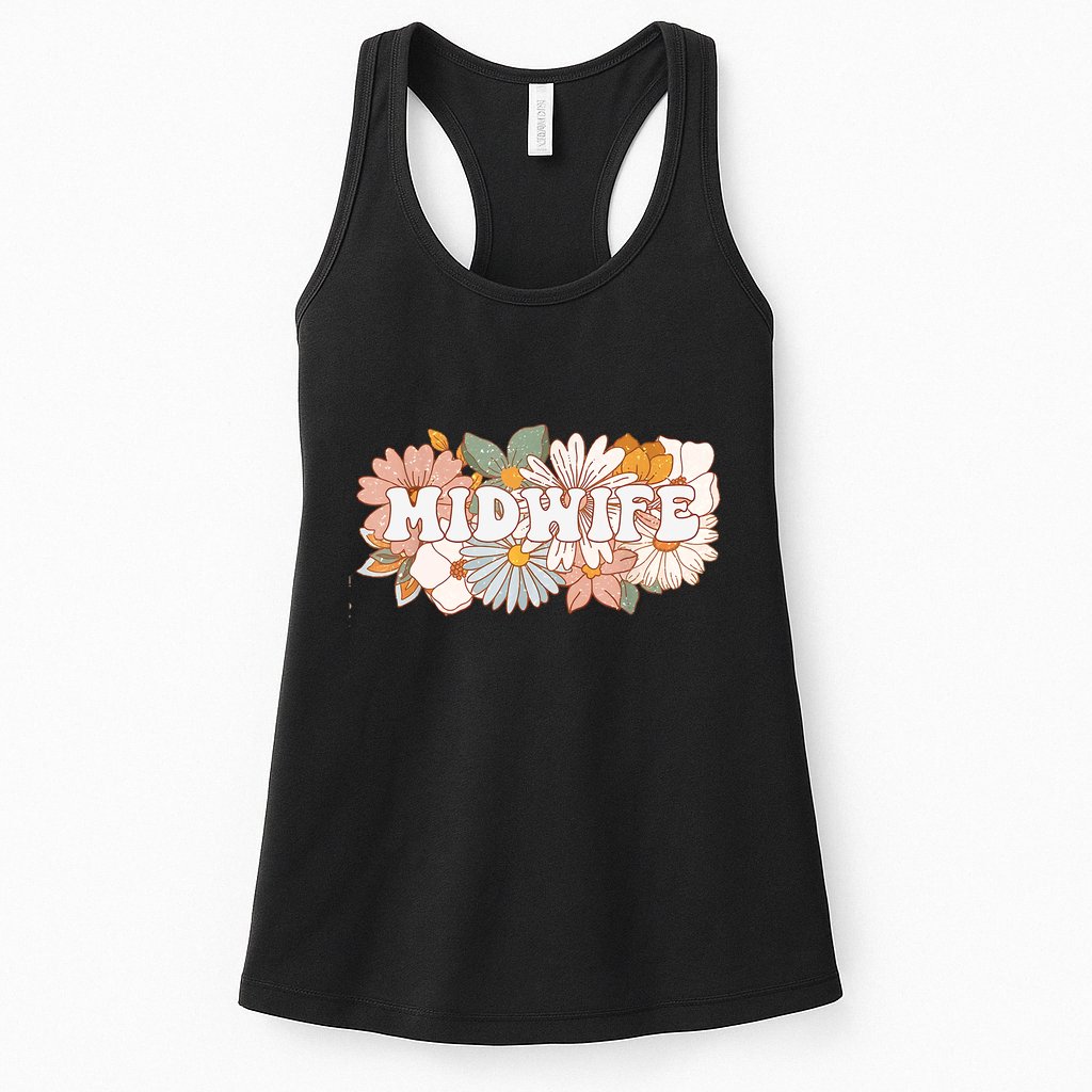 Retro Midwife Boho Flowers Labor And Delivery Nurse Womens Tank Top