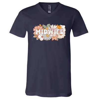 Retro Midwife Boho Flowers Labor And Delivery Nurse V-Neck T-Shirt