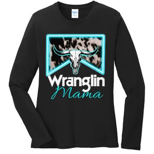 Rodeo Mama Cow Rodeo Mom Western Cowhide Wranglin Mama Ladies Long Sleeve Shirt