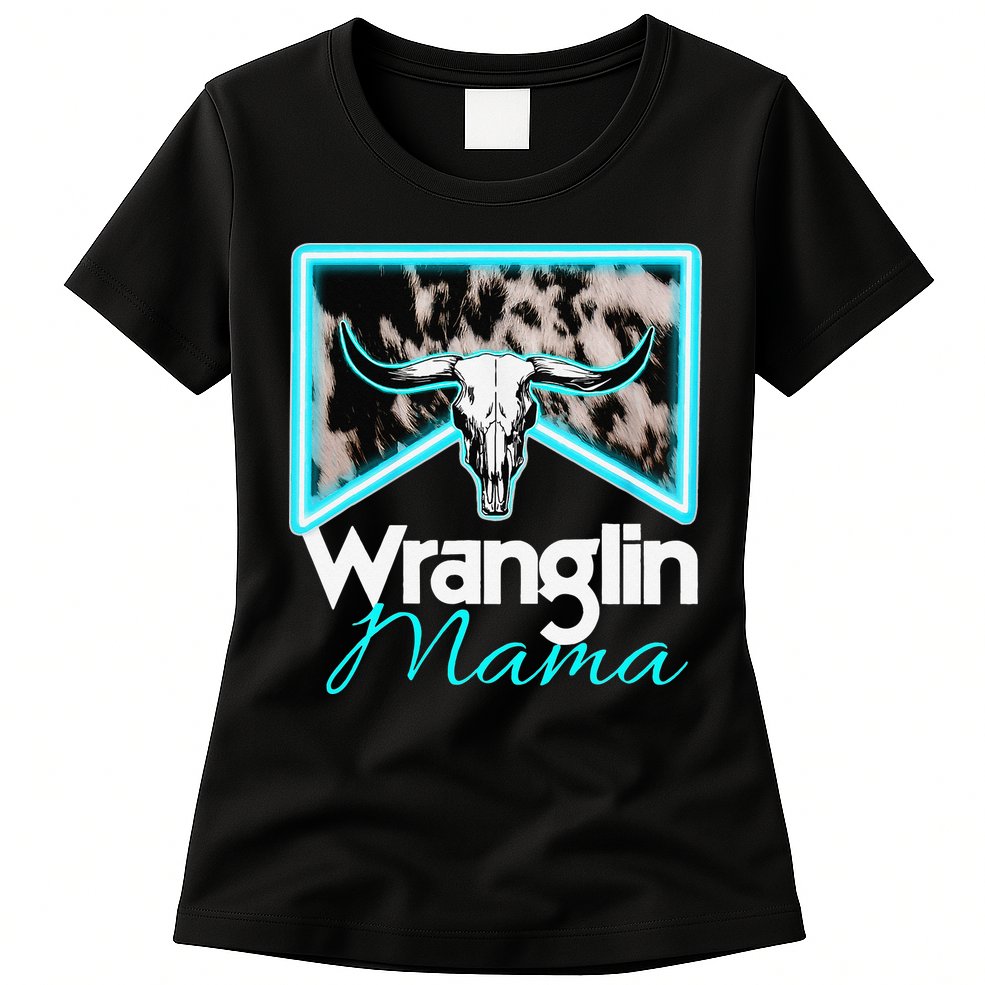 Rodeo Mama Cow Rodeo Mom Western Cowhide Wranglin Mama Womens T-Shirt
