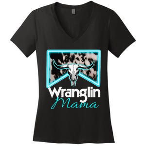 Rodeo Mama Cow Rodeo Mom Western Cowhide Wranglin Mama Women's V-Neck T-Shirt