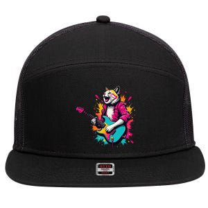 Roll Music Concert Festival Cat Playing Guitar 7 Panel Mesh Trucker Snapback Hat