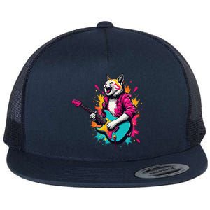 Roll Music Concert Festival Cat Playing Guitar Flat Bill Trucker Hat