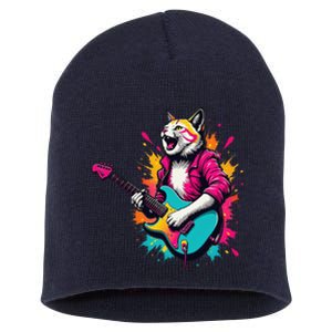 Roll Music Concert Festival Cat Playing Guitar Short Acrylic Beanie