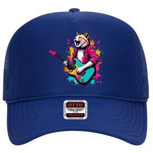 Roll Music Concert Festival Cat Playing Guitar High Crown Mesh Back Trucker Hat