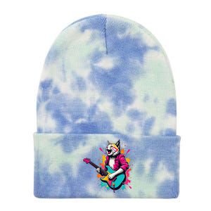 Roll Music Concert Festival Cat Playing Guitar Tie Dye 12in Knit Beanie