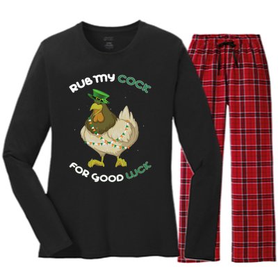 rub my cock for good luck st patrick's day chicken lover Women's Long Sleeve Flannel Pajama Set 