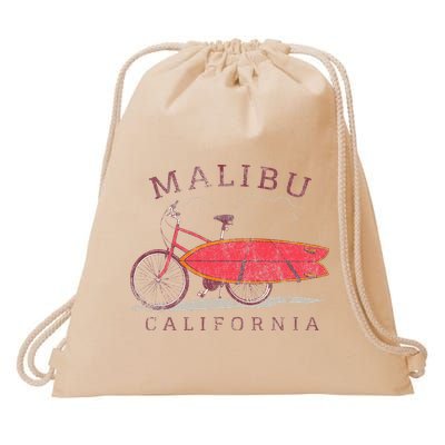 Retro Malibu California Surfing Fan Surfboard Bicycle Art Drawstring Bag