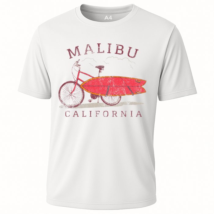 Retro Malibu California Surfing Fan Surfboard Bicycle Art Cooling Performance Crew T-Shirt