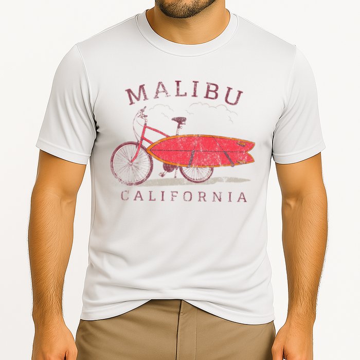 Retro Malibu California Surfing Fan Surfboard Bicycle Art Cooling Performance Crew T-Shirt