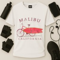 Retro Malibu California Surfing Fan Surfboard Bicycle Art Cooling Performance Crew T-Shirt