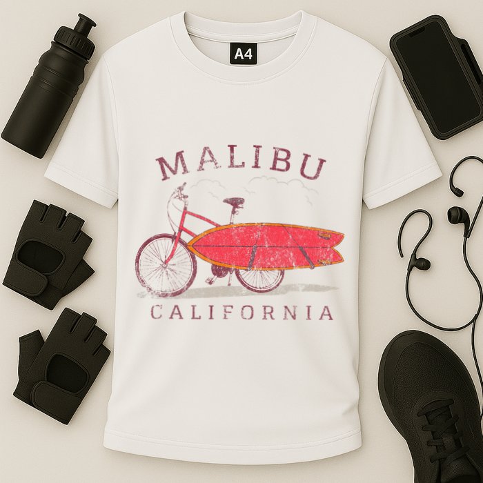 Retro Malibu California Surfing Fan Surfboard Bicycle Art Cooling Performance Crew T-Shirt
