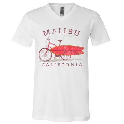 Retro Malibu California Surfing Fan Surfboard Bicycle Art V-Neck T-Shirt