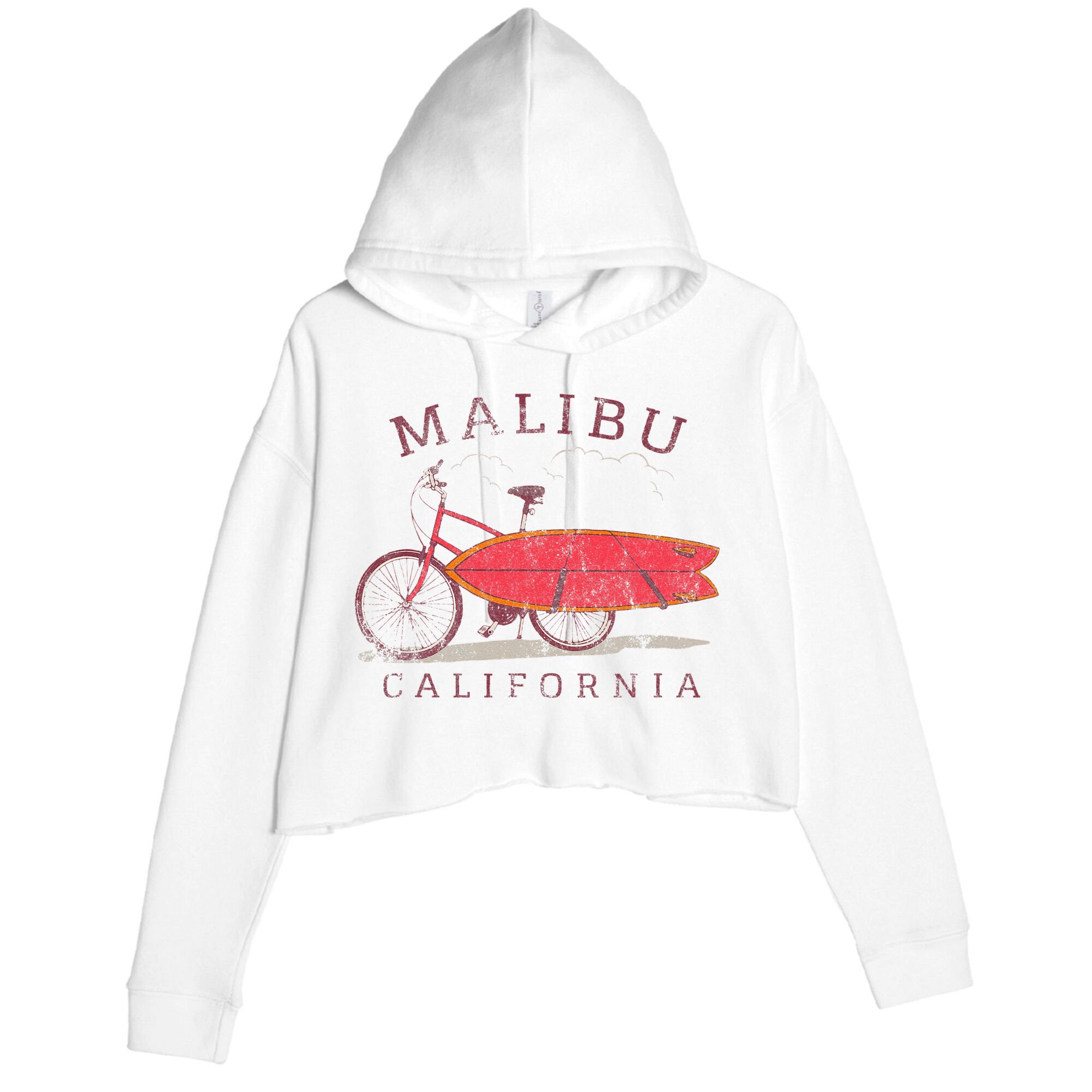 Retro Malibu California Surfing Fan Surfboard Bicycle Art Crop Fleece Hoodie