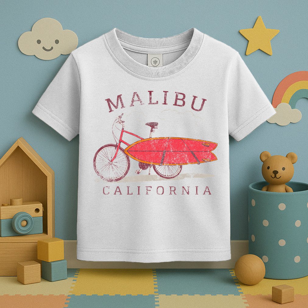 Retro Malibu California Surfing Fan Surfboard Bicycle Art Toddler T-Shirt