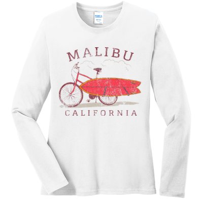 Retro Malibu California Surfing Fan Surfboard Bicycle Art Ladies Long Sleeve Shirt