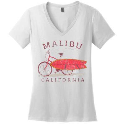 Retro Malibu California Surfing Fan Surfboard Bicycle Art Women's V-Neck T-Shirt