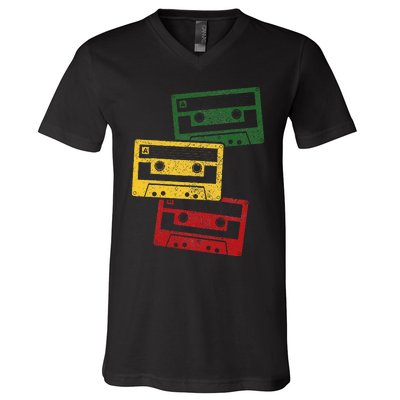 Reggae Music Cassette Tapes Vintage Retro Rastafari Rasta V-Neck T-Shirt