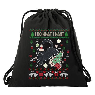 Retro Meowy Christmas I Do What I Want Funny Cat Gift Drawstring Bag