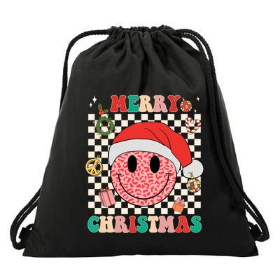 Retro Merry Christmas Happy Face Leopard Smile Face Trendy Gift Drawstring Bag