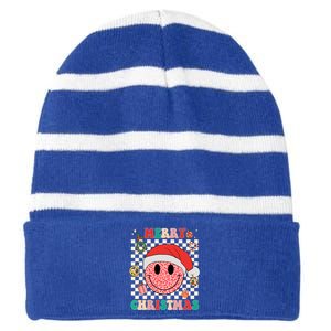 Retro Merry Christmas Happy Face Leopard Smile Face Trendy Gift Striped Beanie with Solid Band