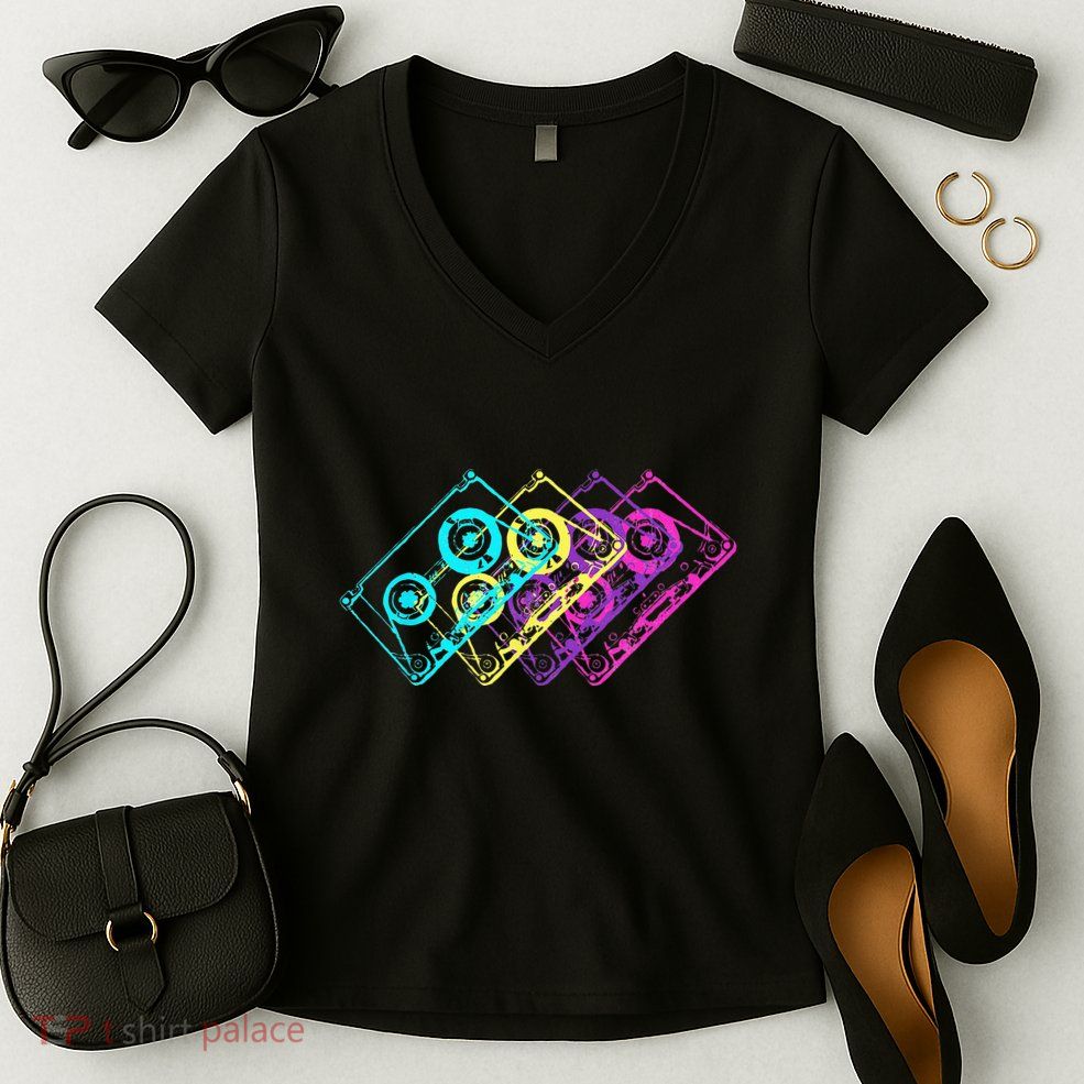 Retro Music Cassette Tapes Mixtape 80s And 90s Women's V-Neck T-Shirt