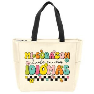 Retro Mi Corazon Late En Dos Idiomas Groovy Spanish Teacher Zip Tote Bag