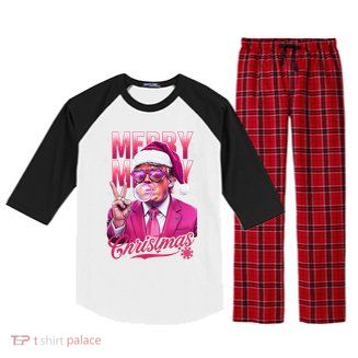 Retro Merry Christmas Funny Trump Santa Blowing Bubbles Xmas Raglan Sleeve Pajama Set