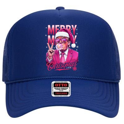 Retro Merry Christmas Funny Trump Santa Blowing Bubbles Xmas High Crown Mesh Back Trucker Hat