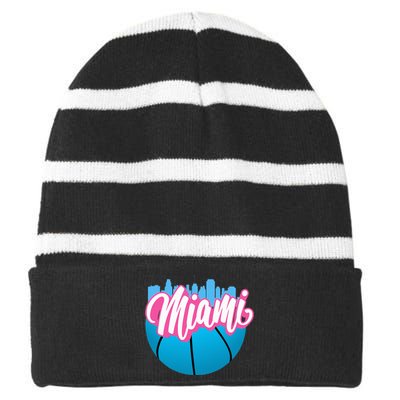 Retro Miami Cityscape Nostalgic Florida Vibes Striped Beanie with Solid Band