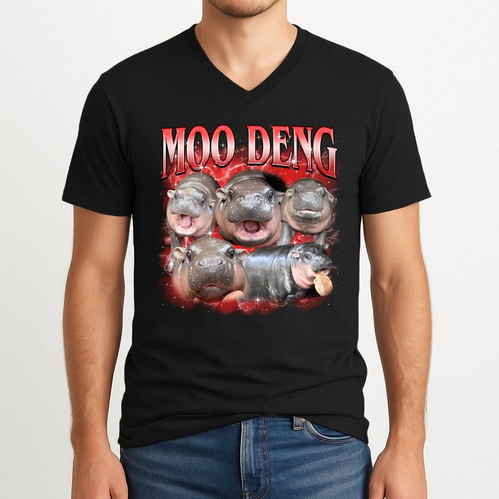 Red Moo Deng Meme Hippo V-Neck T-Shirt