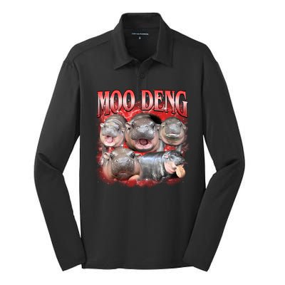 Red Moo Deng Meme Hippo Silk Touch Performance Long Sleeve Polo