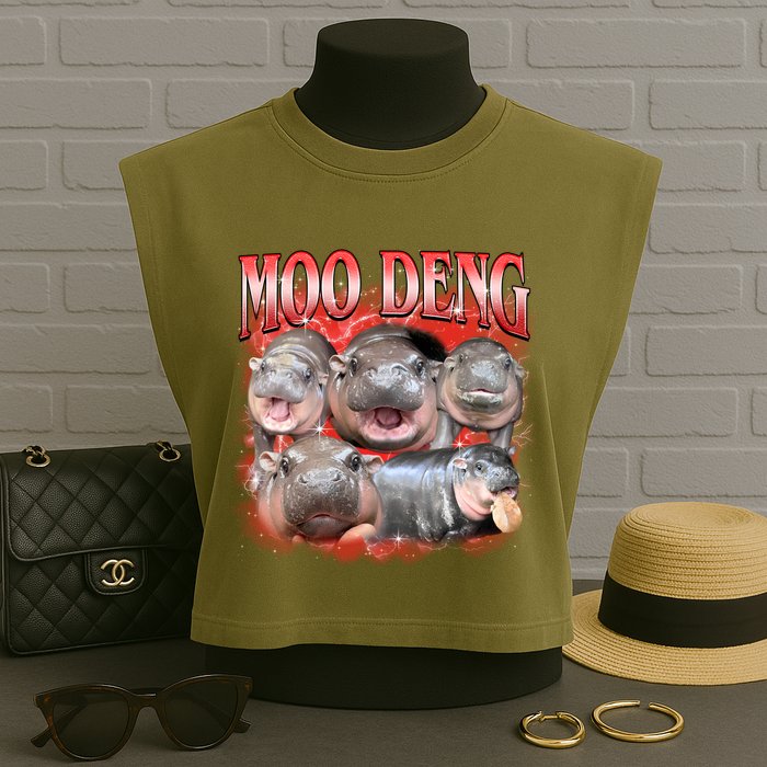 Red Moo Deng Meme Hippo Garment-Dyed Women's Muscle Tee