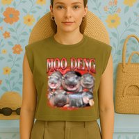 Red Moo Deng Meme Hippo Garment-Dyed Women's Muscle Tee