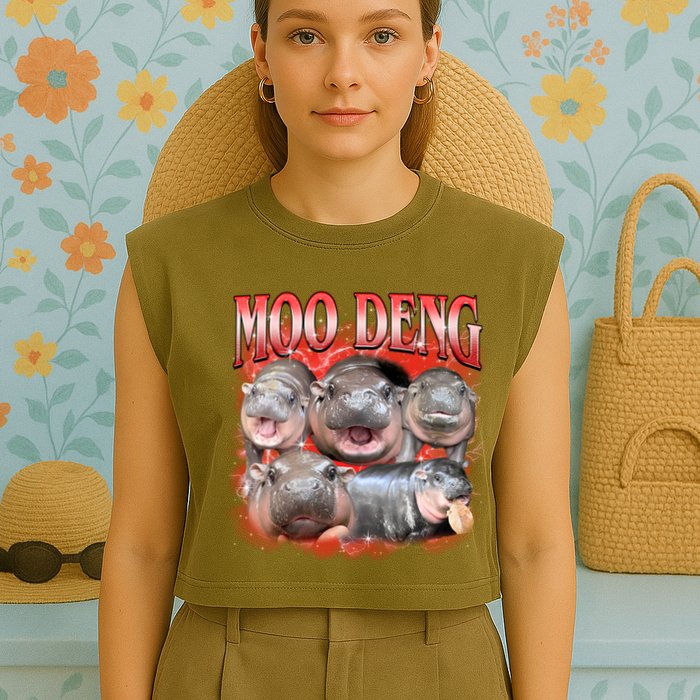 Red Moo Deng Meme Hippo Garment-Dyed Women's Muscle Tee
