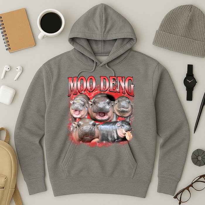 Red Moo Deng Meme Hippo Hoodie