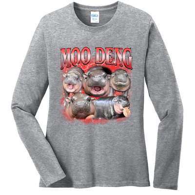 Red Moo Deng Meme Hippo Ladies Long Sleeve Shirt