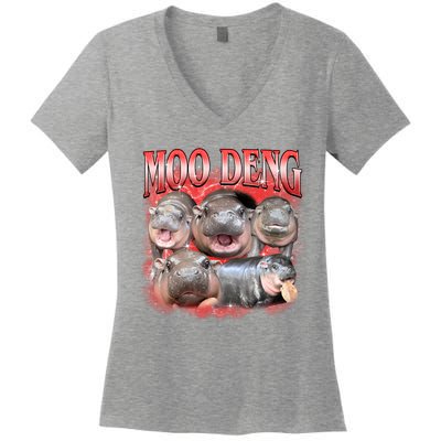 Red Moo Deng Meme Hippo Women's V-Neck T-Shirt
