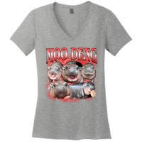 Red Moo Deng Meme Hippo Women's V-Neck T-Shirt