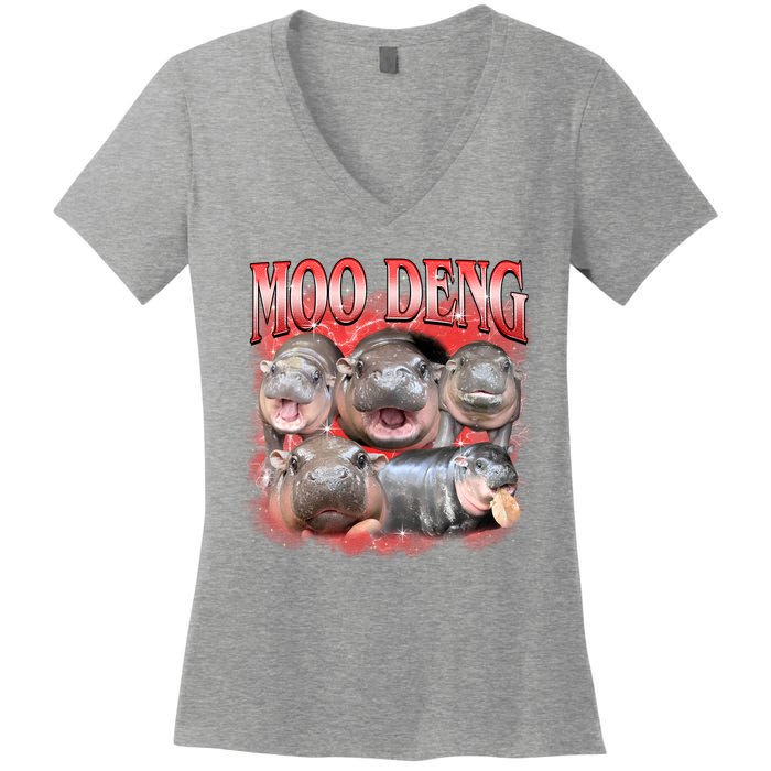 Red Moo Deng Meme Hippo Women's V-Neck T-Shirt