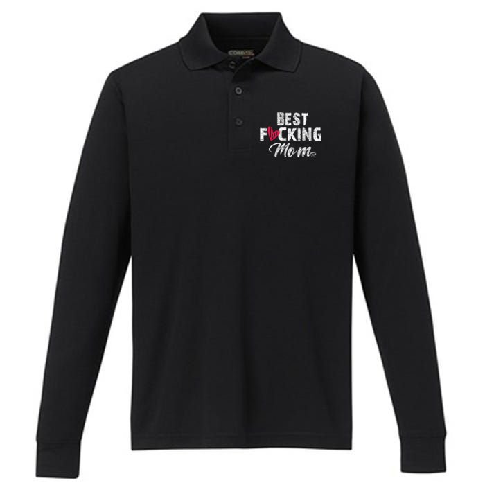 Retro MotherS Day Best Fucking Mom Funny Performance Long Sleeve Polo