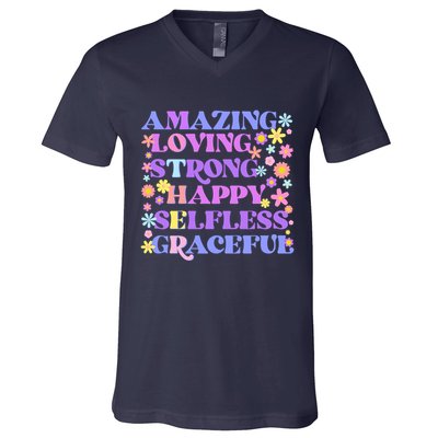 Retro Mother Day Amazing Loving Strong Happy Selfless Graceful V-Neck T-Shirt