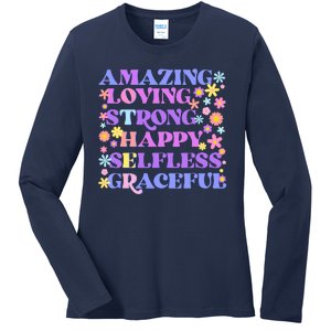 Retro Mother Day Amazing Loving Strong Happy Selfless Graceful Ladies Long Sleeve Shirt