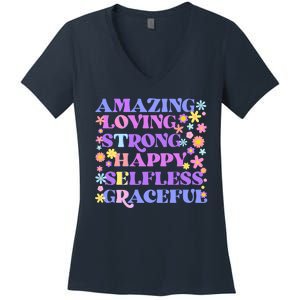 Retro Mother Day Amazing Loving Strong Happy Selfless Graceful Women's V-Neck T-Shirt