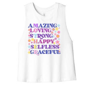 Retro Mother Day Amazing Loving Strong Happy Selfless Graceful Women's Racerback Cropped Tank